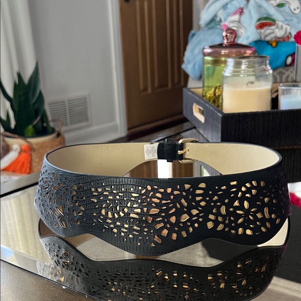 BCBGMaxAzria Black Laser-Cut Faux Leather Waist Belt